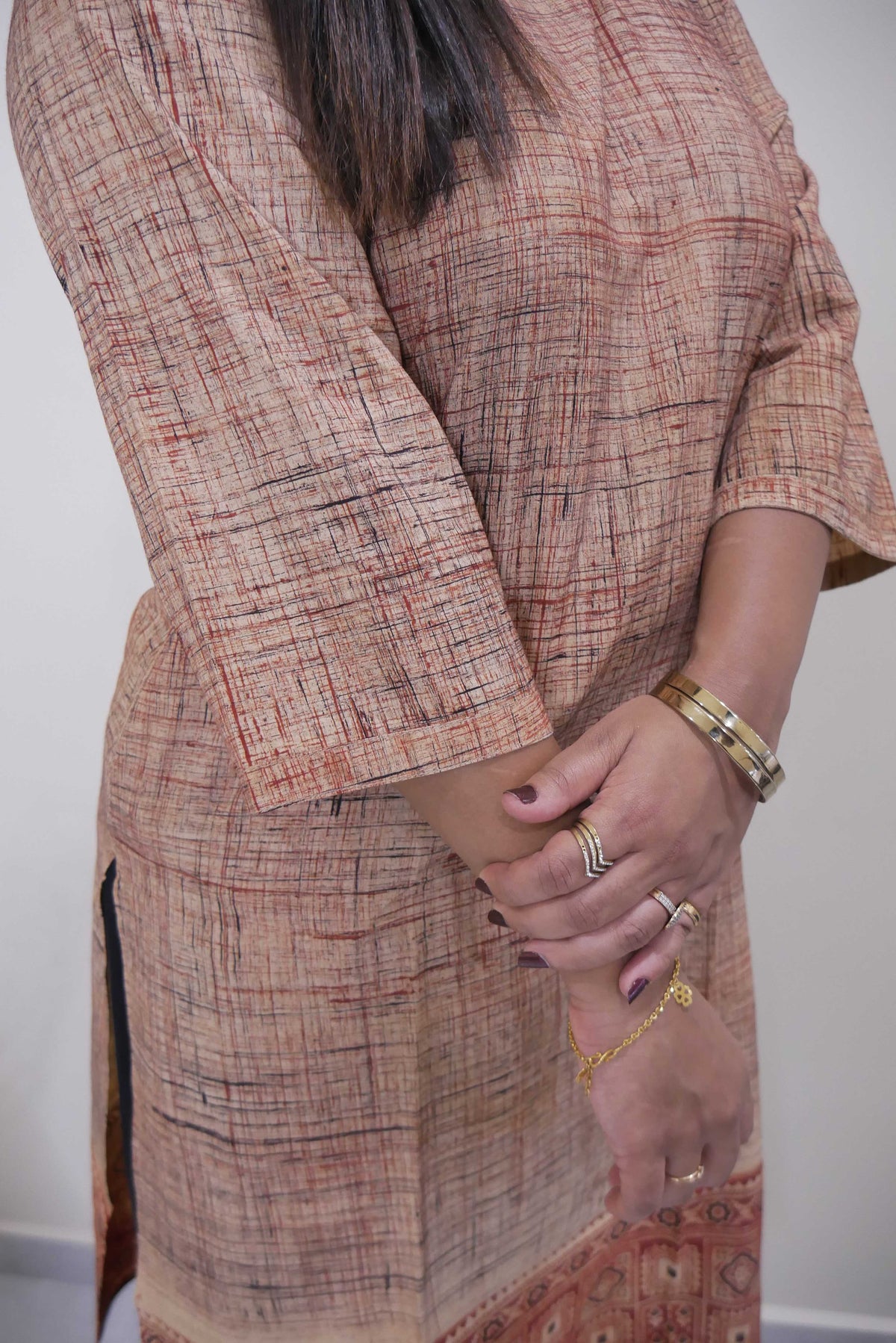 Beige Printed Straight Cut Kurthi with Red Border