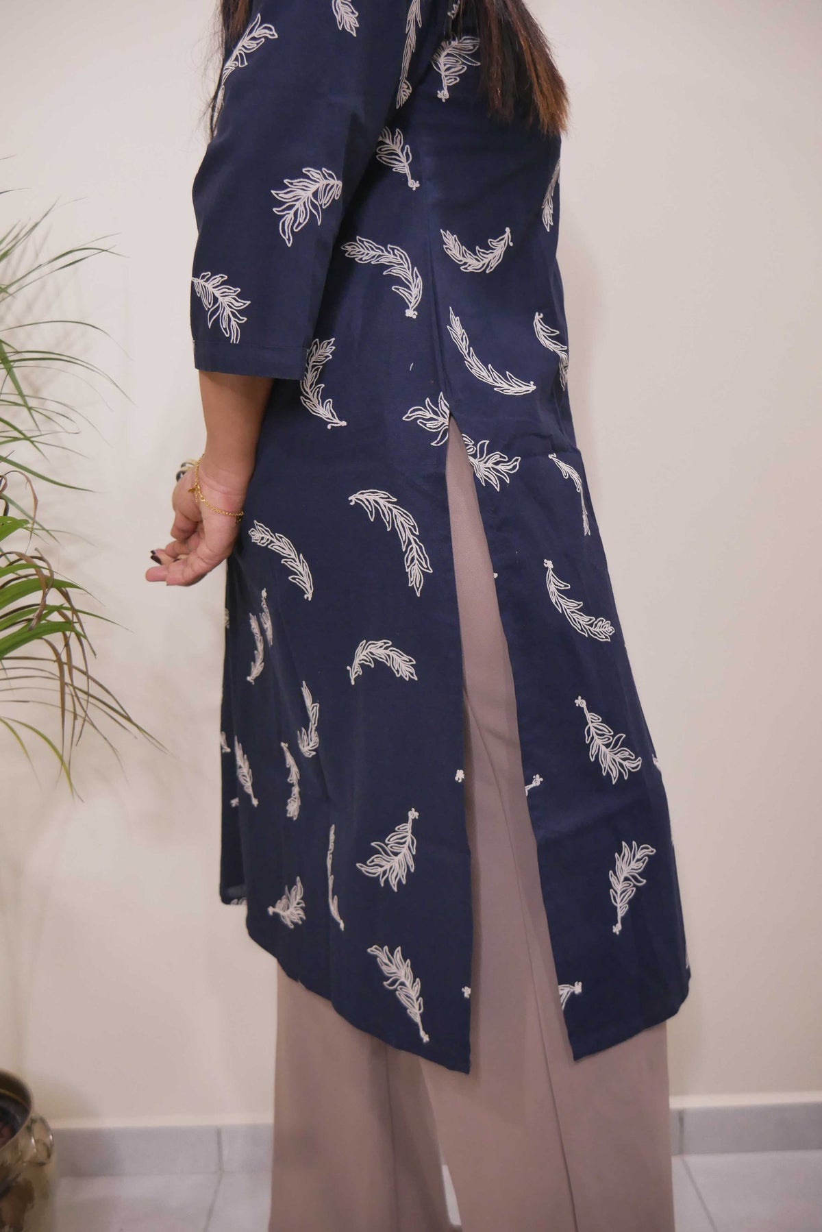 Navy Blue Feather Print Straight Cut Kurthi