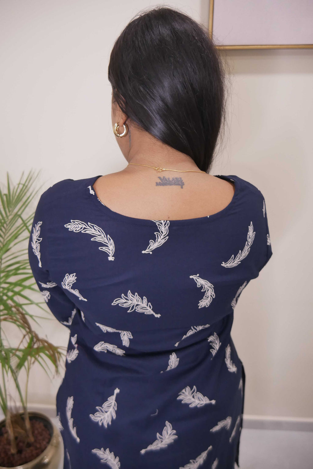 Navy Blue Feather Print Straight Cut Kurthi