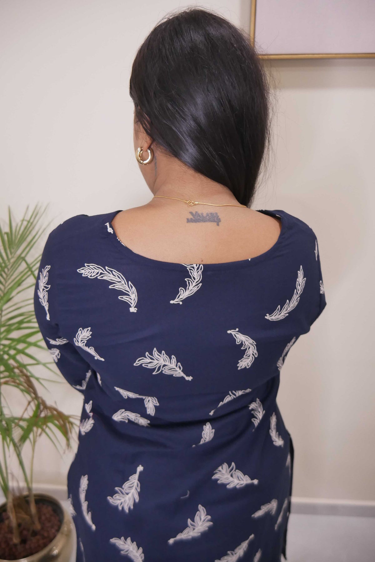 Navy Blue Feather Print Straight Cut Kurthi