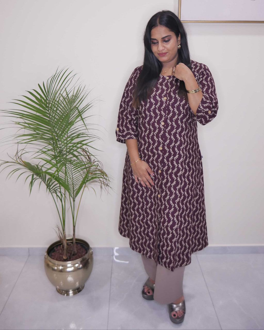 Maroon Vine Print Straight Cut Kurthi