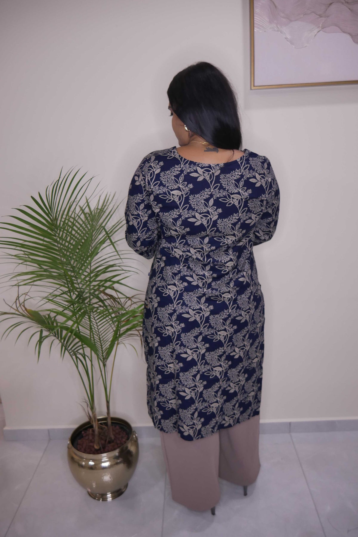 Navy Blue Floral Print Straight Cut Kurthi