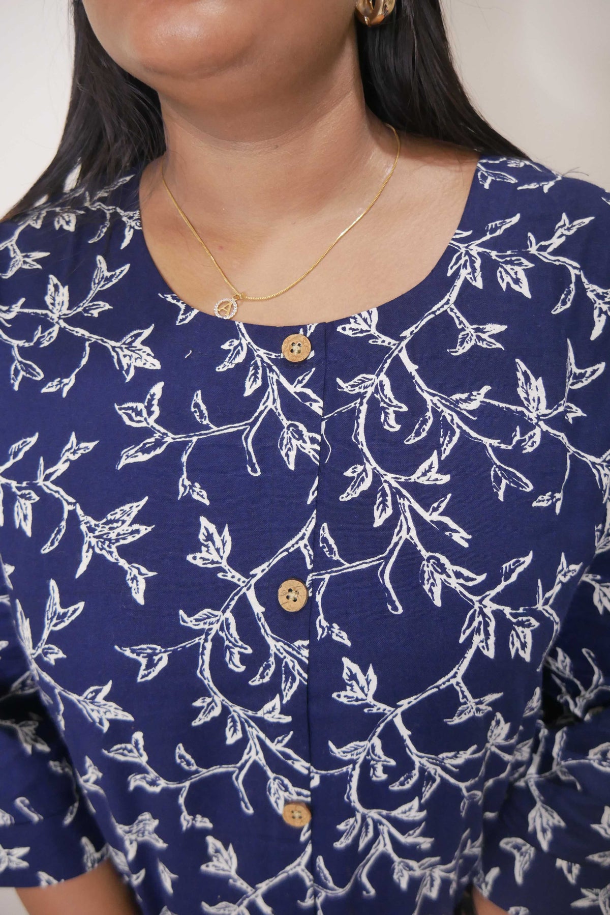 Navy Blue Floral Print A-Line Kurthi