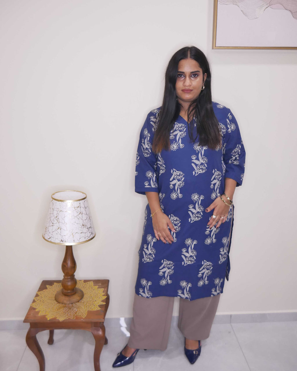 Royal Blue Boota Print Straight Cut Cotton Kurti