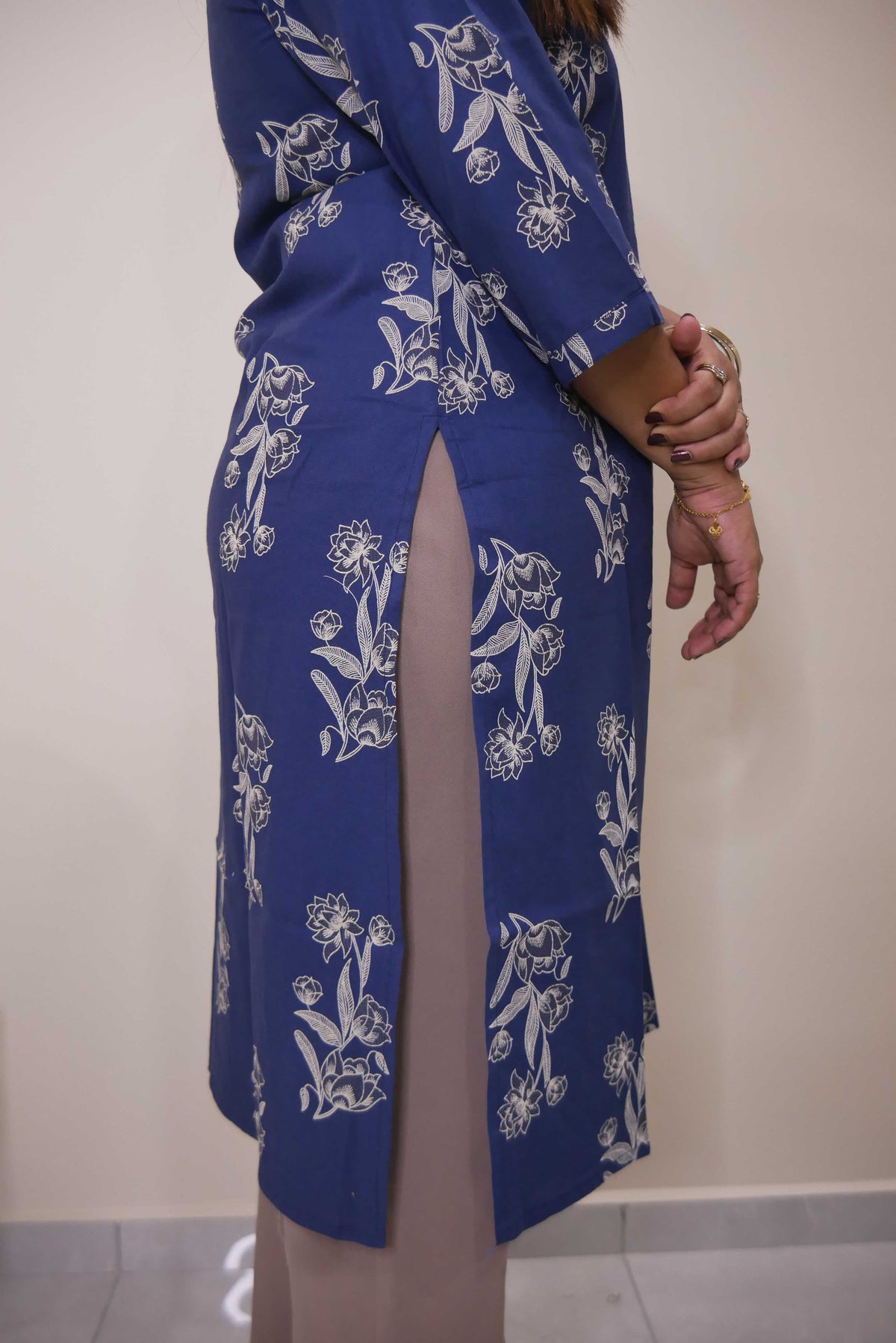 Royal Blue Boota Print Straight Cut Cotton Kurti