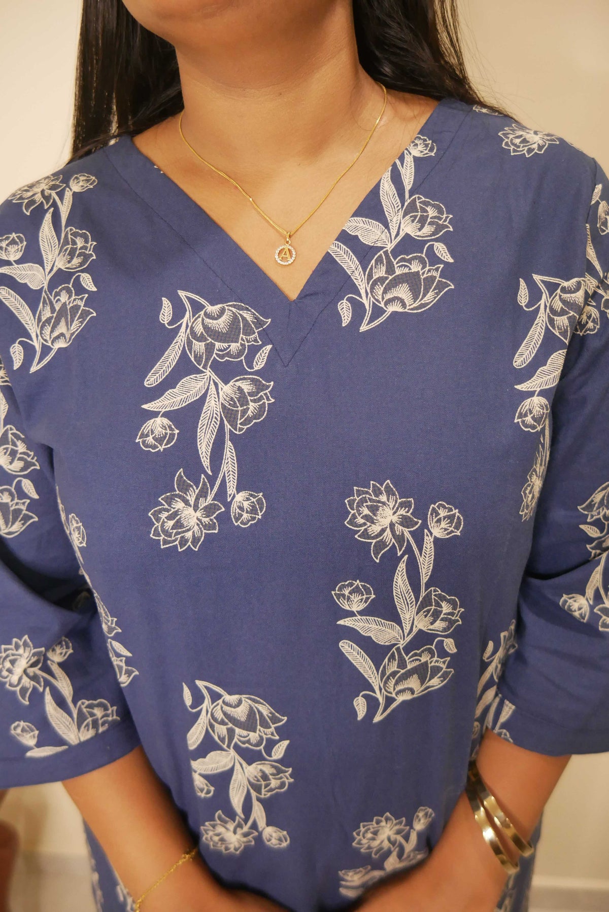Royal Blue Boota Print Straight Cut Cotton Kurti