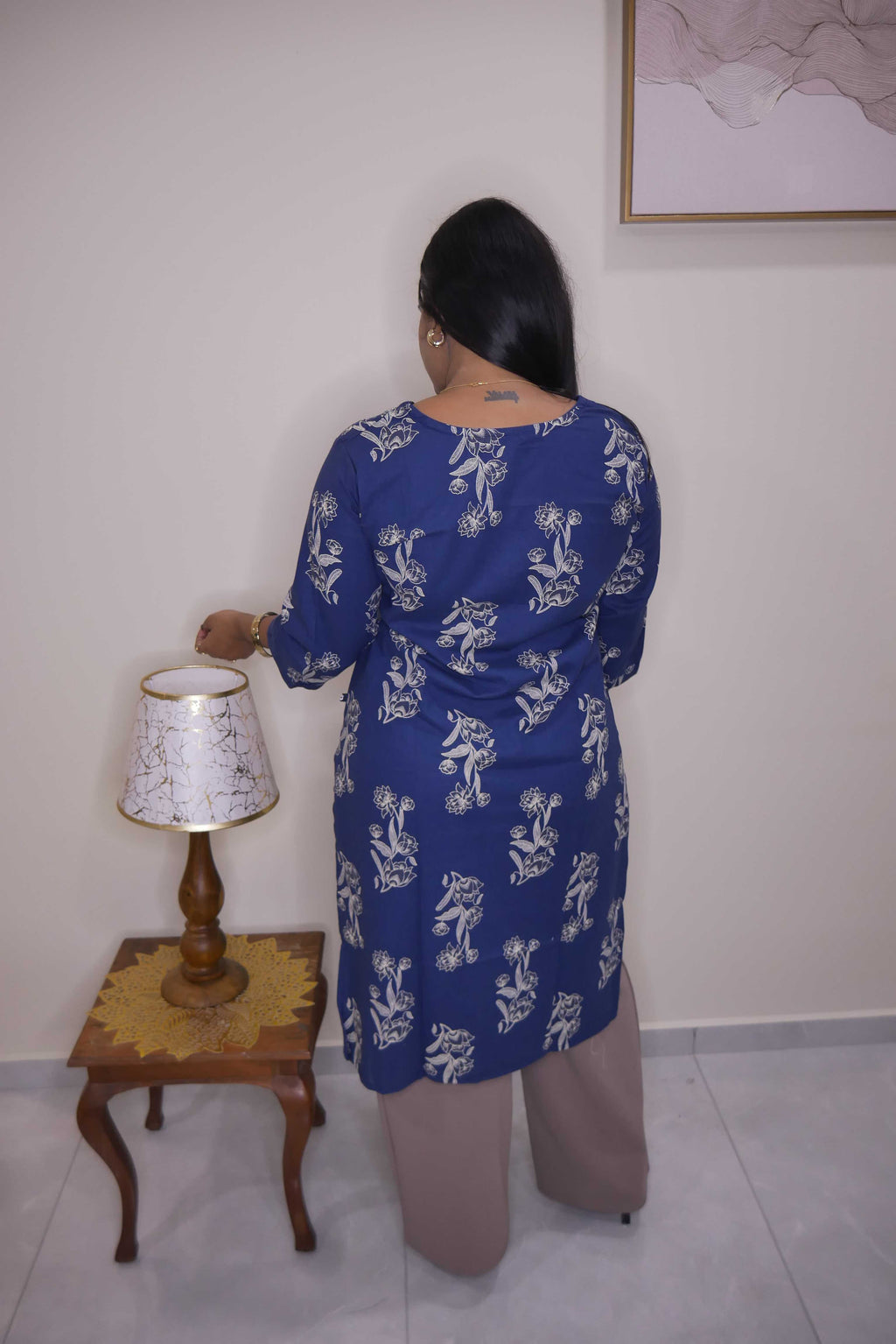 Royal Blue Boota Print Straight Cut Cotton Kurti