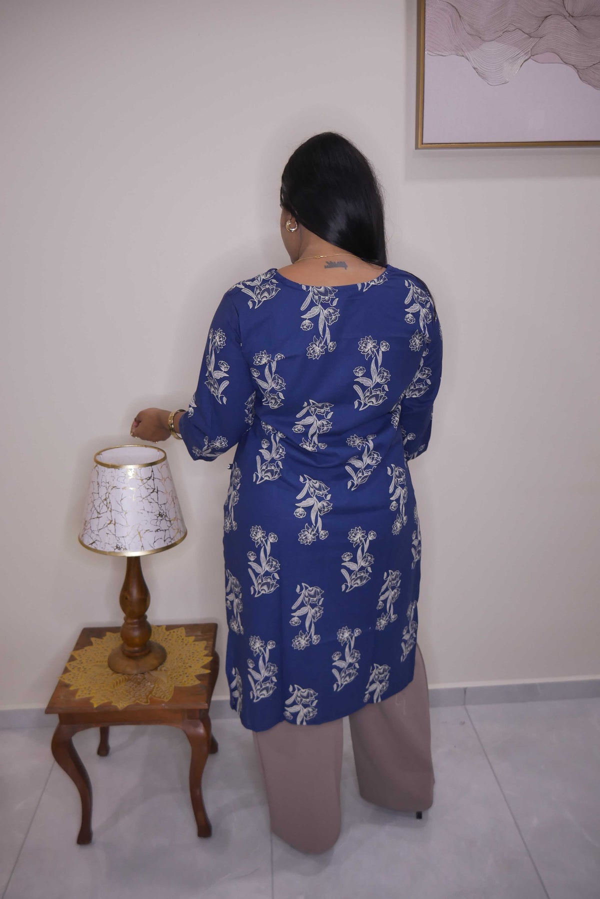 Royal Blue Boota Print Straight Cut Cotton Kurti