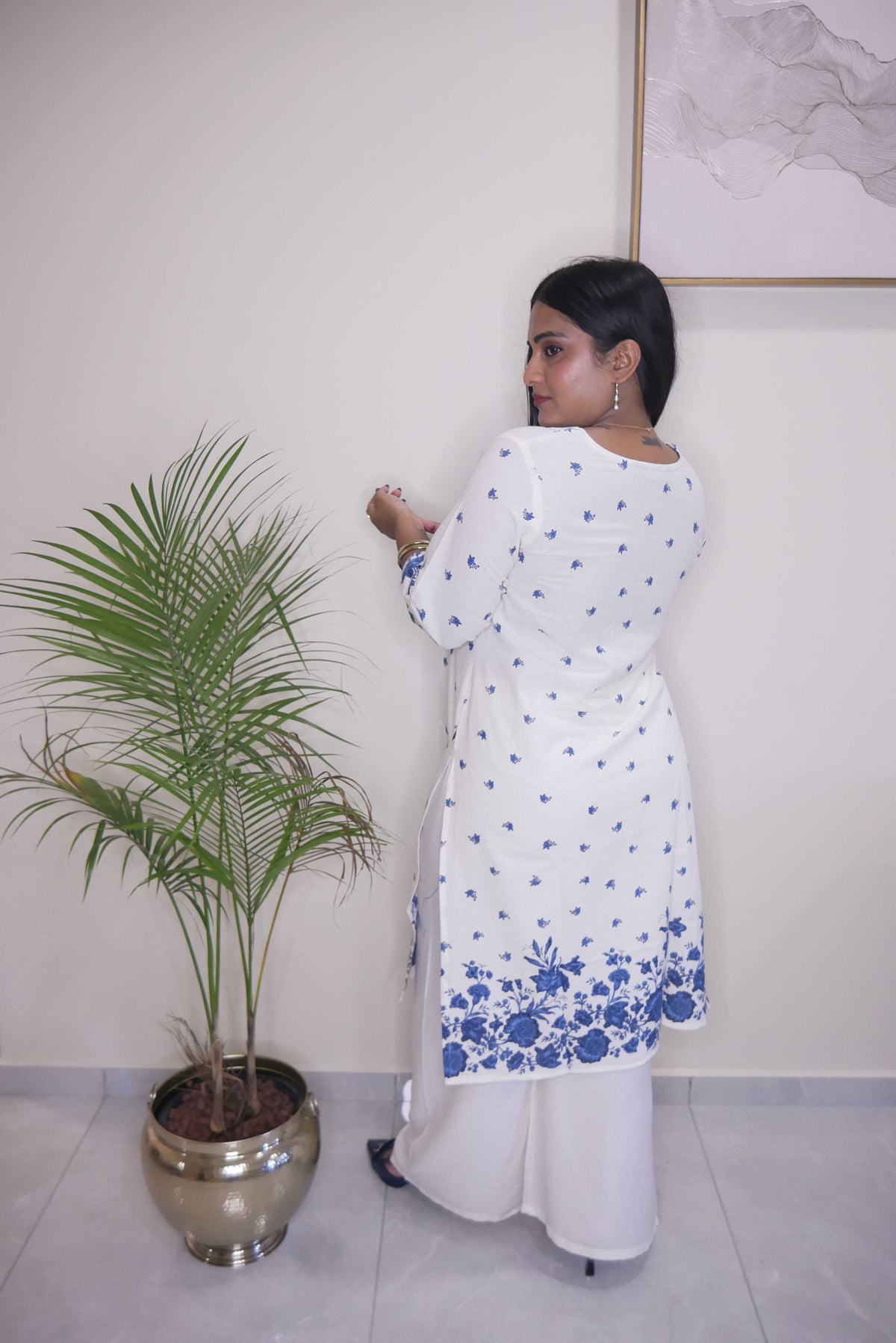 White and Blue Floral Print Straight Cut Kurthi