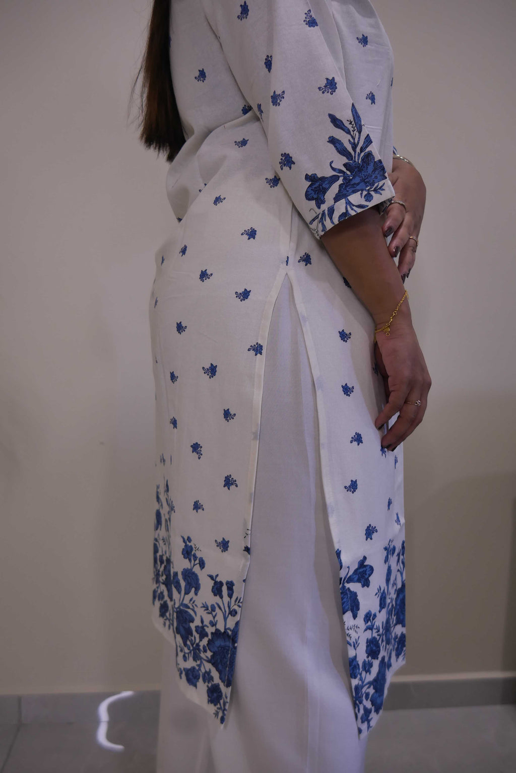 White Straight Cut Kurthi with Blue Floral Border