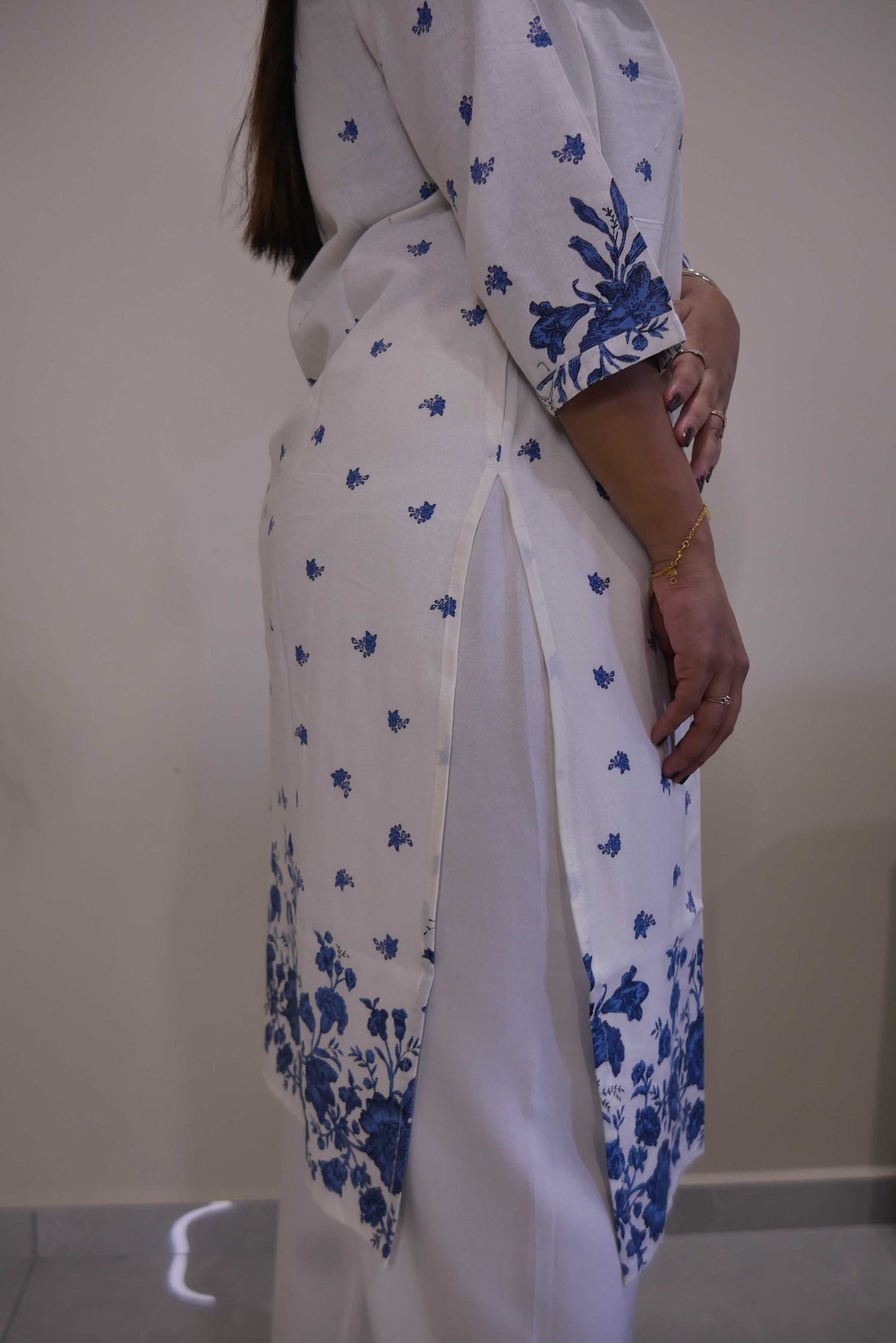 White Straight Cut Kurthi with Blue Floral Border