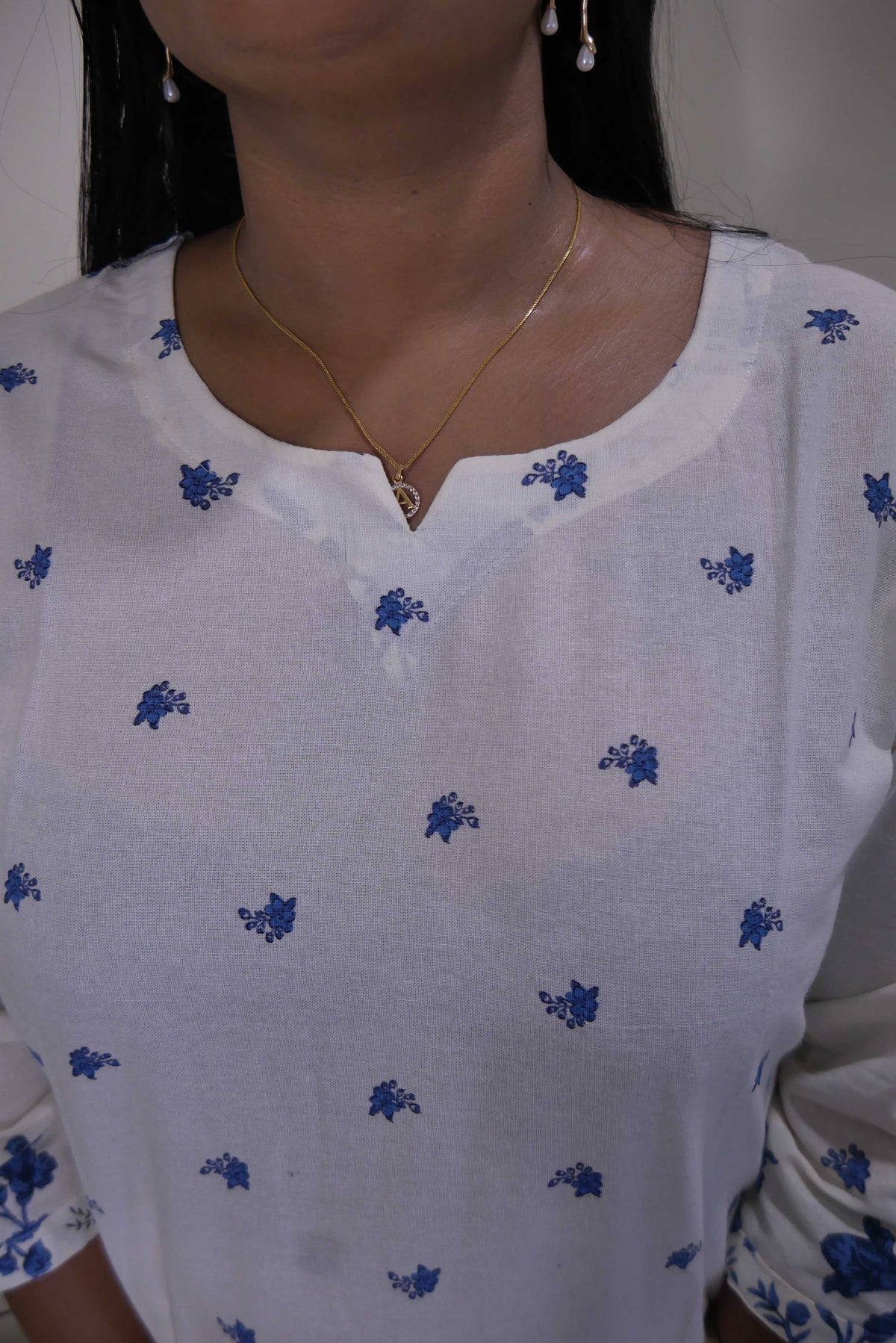 White Straight Cut Kurthi with Blue Floral Border
