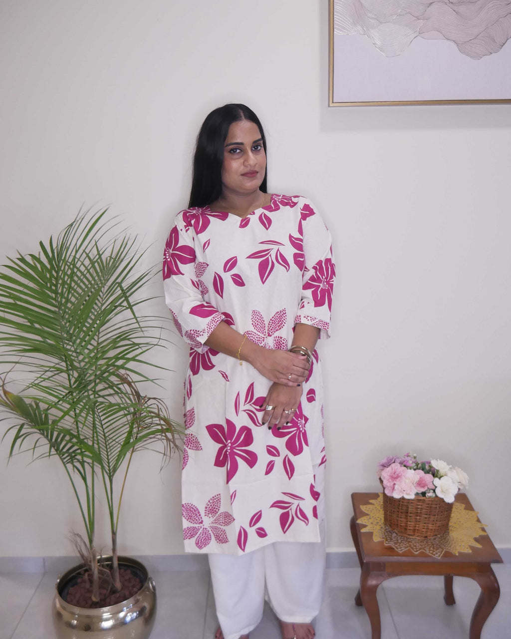 White and Pink Floral Print Straight Cut Kurthi