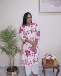 White and Pink Floral Print Straight Cut Kurthi