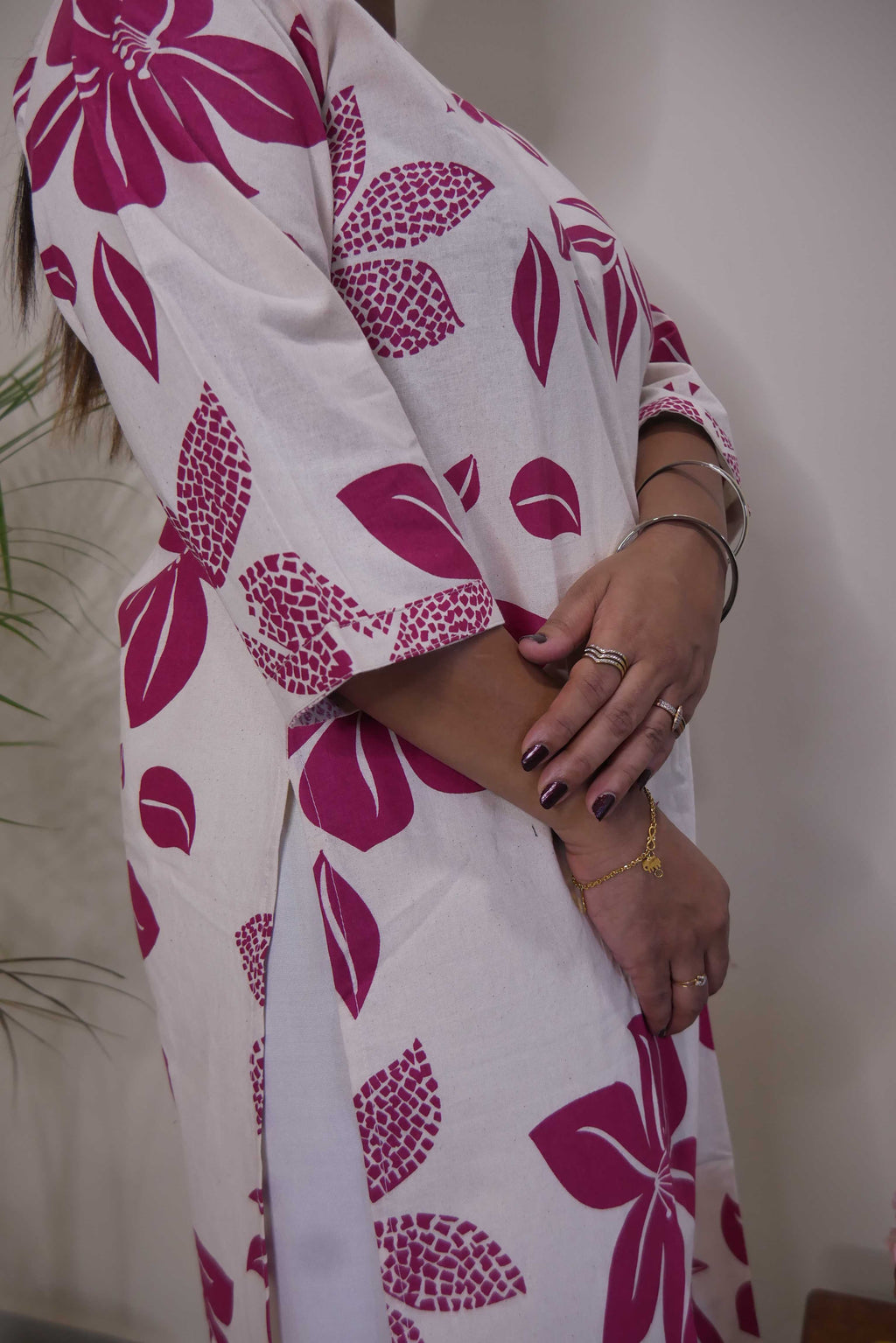 White and Pink Floral Print Straight Cut Kurthi