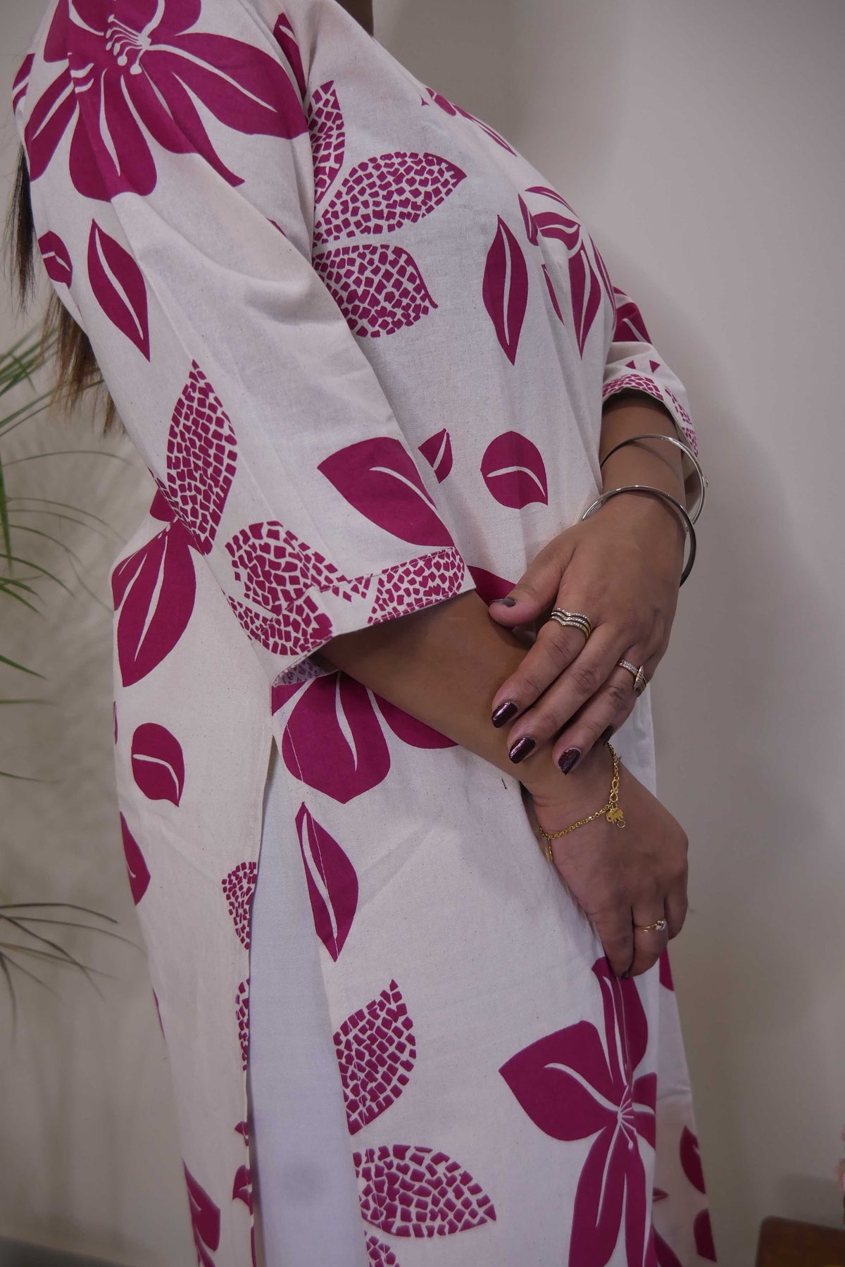 White and Pink Floral Print Straight Cut Kurthi